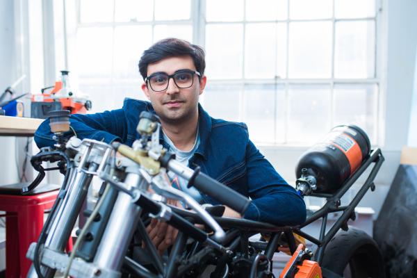 MIT graduate student Adi Mehrotra ’22 is working on sustainable solutions in vehicle design, including a hydrogen-powered motorcycle.