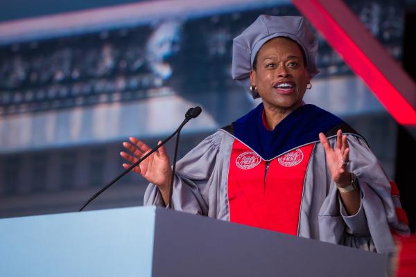 Chancellor Melissa Nobles speaks to graduates.