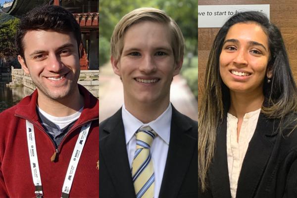 The inaugural MIT-Pillar AI Collective Fellows are (from left to right) Alexander Andonian, Daniel Magley, and Madhumitha Ravichandra.