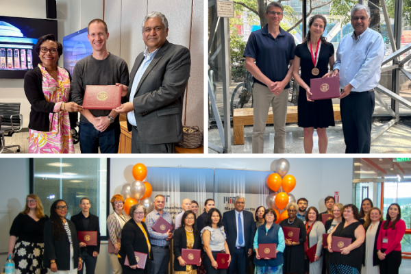 Top left: 2023 Bose Award for Excellence in Teaching winner Professor William Tisdale, with Department of Chemical Engineering head and Institute Professor Paula Hammond and Dean Anantha Chandrakasan. Top right: Capers (1976) and Marion McDonald Award for Excellence in Mentoring and Advising winner Professor Elsa Olivetti, with Professor Jeff Grossman and Chandrakasan. Bottom: Group photo of 2023 School of Engineering award winners.  