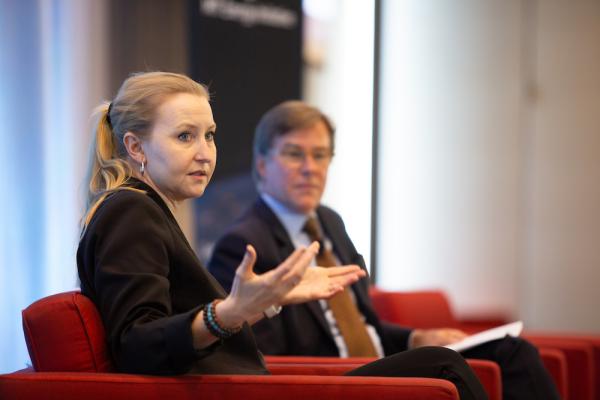 Vice Provost Anne White (left) presented a keynote on the role of the research university before joining MITEI Interim Director Robert Stoner to address audience questions.