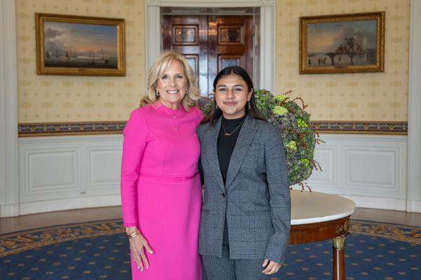 MIT student Gitanjali Rao (right) poses with First Lady Jill Biden at the White House. Rao was among 15 individuals from around the U.S. honored at the Girls Leading Change celebration on Oct. 11.