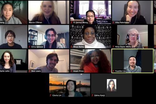 A portion of a Zoom screenshot showing some of the Fall 2020 MindHandHeart Innovation Fund grantees